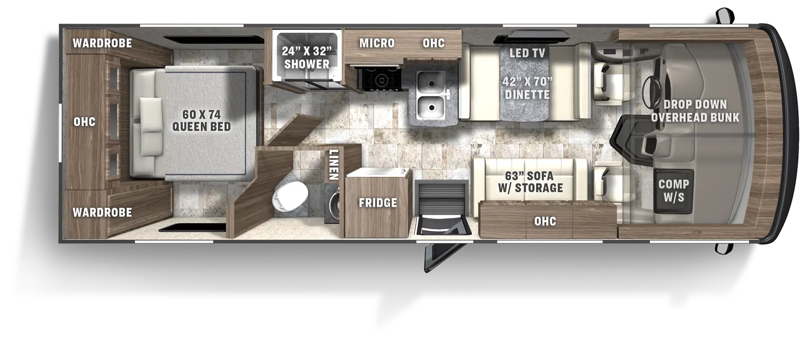 The Pursuit 27XPS has 0 slide outs and 1 entry door. Interior layout from front to back; front cockpit with drop down front bunk and computer work station on the door side; off-door side dinette with LED TV; door side sofa with storage and overhead cabinet; off door side kitchen with microwave above stovetop, double basin sink and overhead cabinet; refrigerator near to entry door; 24 inch by 32 inch shower separate from the bathroom on the off-door side, door side bathroom with toilet, sink and linen storage, rear bedroom with 60 inch by 74 inch foot facing queen bed with wardrobe on either side and an overhead cabinet. 